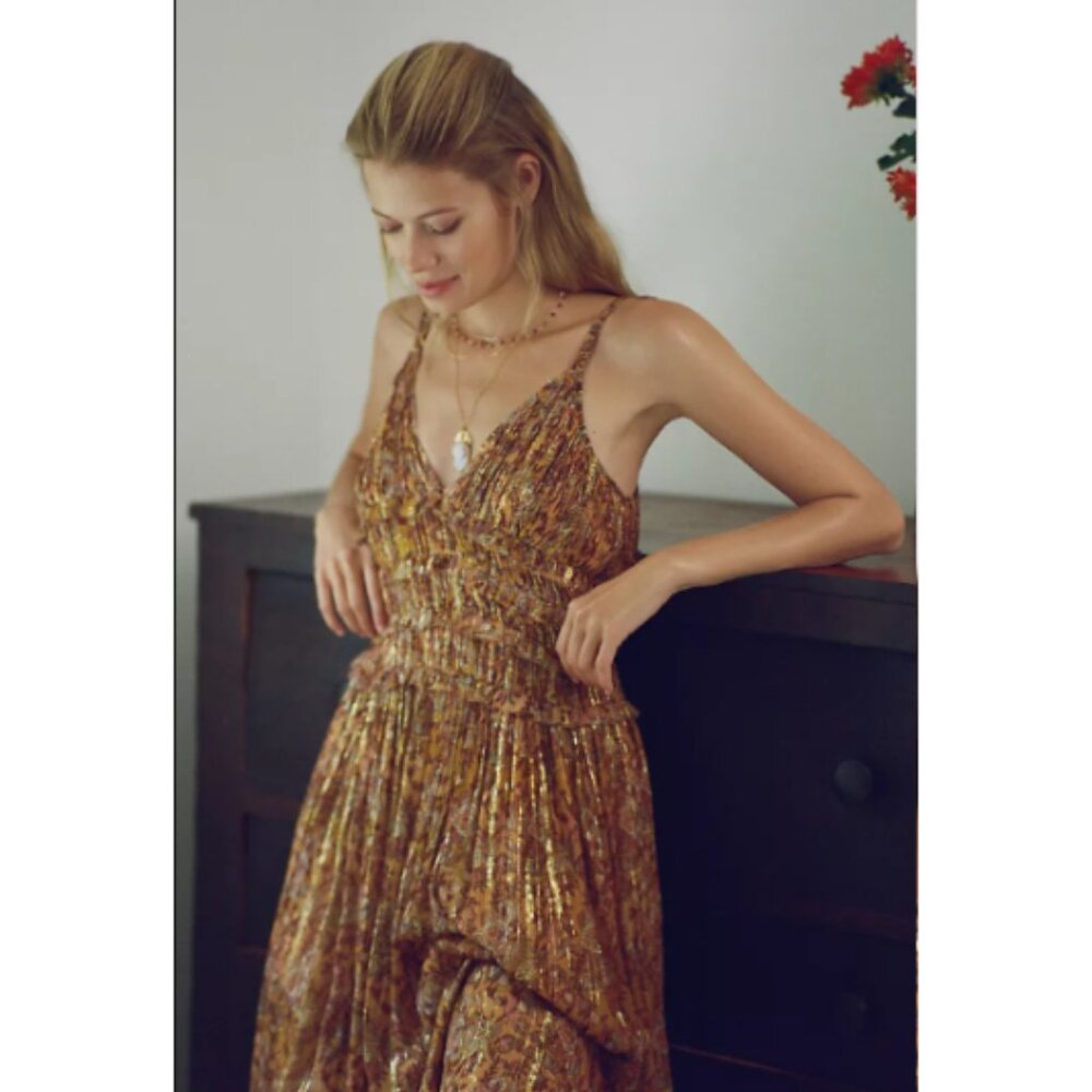 NWT Anthropologie Let Me Be Shimmer Floral Pleated Midi Dress XL - Picture 5 of 8